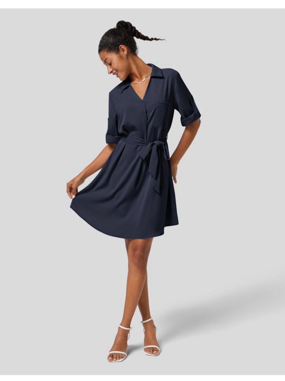 HALARA Navy Short Shirt Dress with Self-Tie Waist